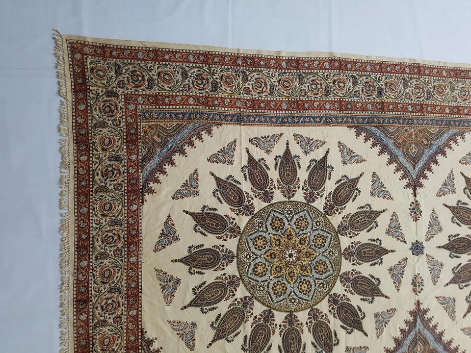 Vintage Hand Block Printed Isfahan Ghalamkar Paisley Tablecloth 256x154cm - Image 4 of 4