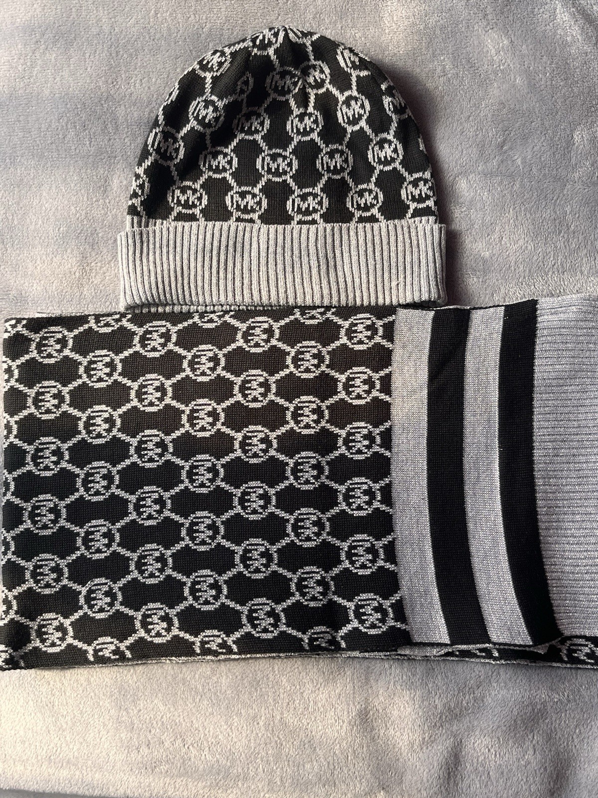 Michael Kors Knit Logo Striped Black Gray Hat & Scarf Set for Women