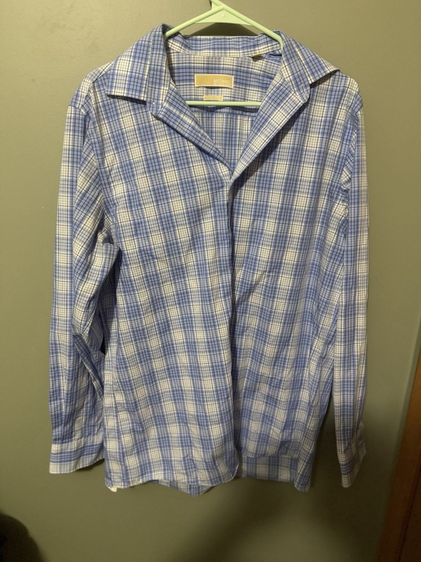 Michael Kors Men's Plaid Light Blue Button Down Dress Shirt No Iron Size 16 3435