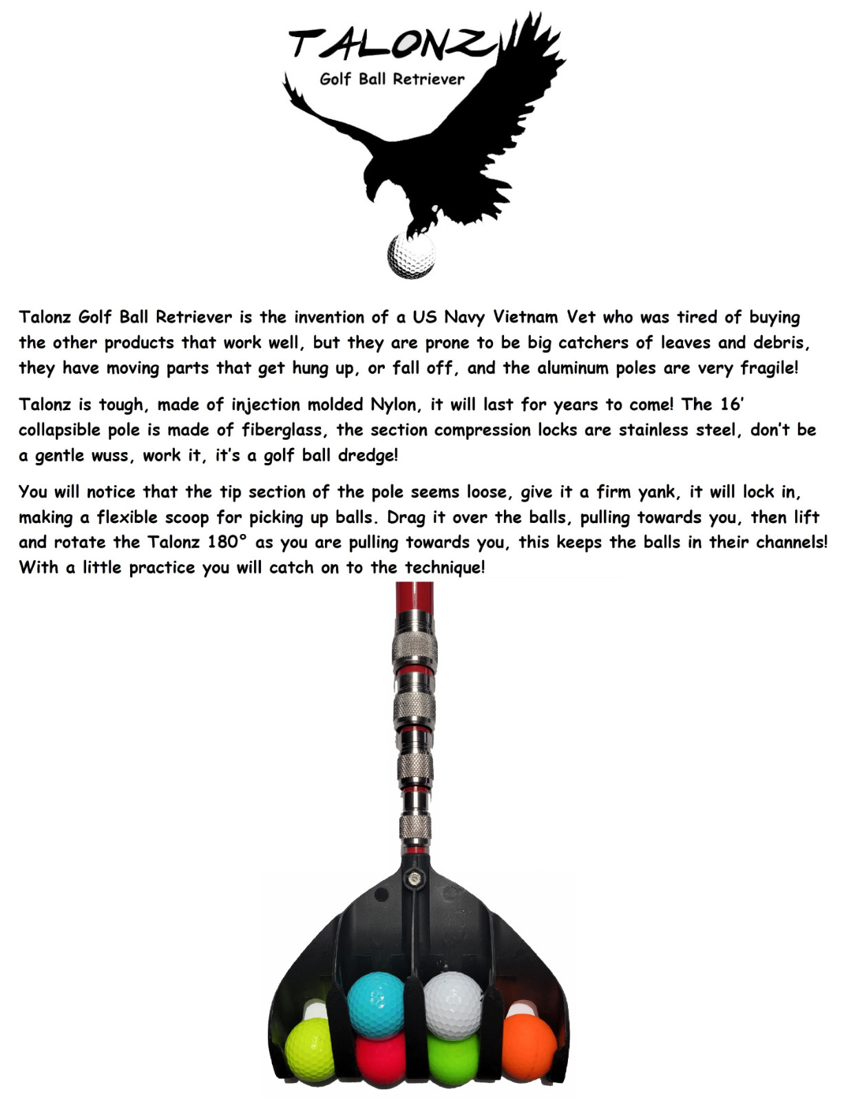 Talonz golf ball retriever / telescopic 16ft / holds up to 6 balls