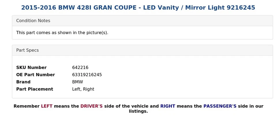 BMW 428I 2015-2016 gran cupé - luz LED tocador/espejo 9216245 Foto 4 de 4