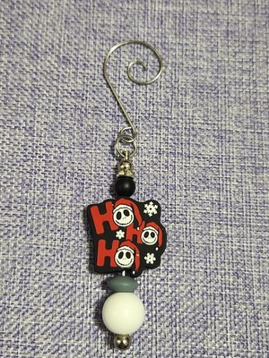 Handmade Beaded Silver Jack Skellington Ho Ho Ho Spiral Hook Hanging Ornament