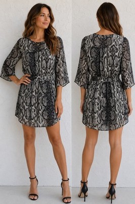 Charlie Jade Silk 3/4 Sleeve Snake Print Women s Short Dress Sz Small