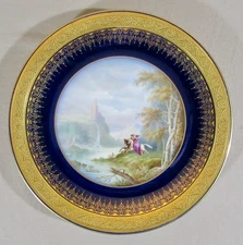 Antique Hand Painted Cobalt Blue Gold Encrusted Cabinet Plate Signed L. Saquet