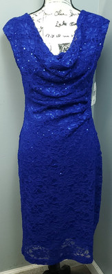 Connected Apparel Sheath Dress Womens 10 Blue Lined Floral Lace Sequin Cowl Neck