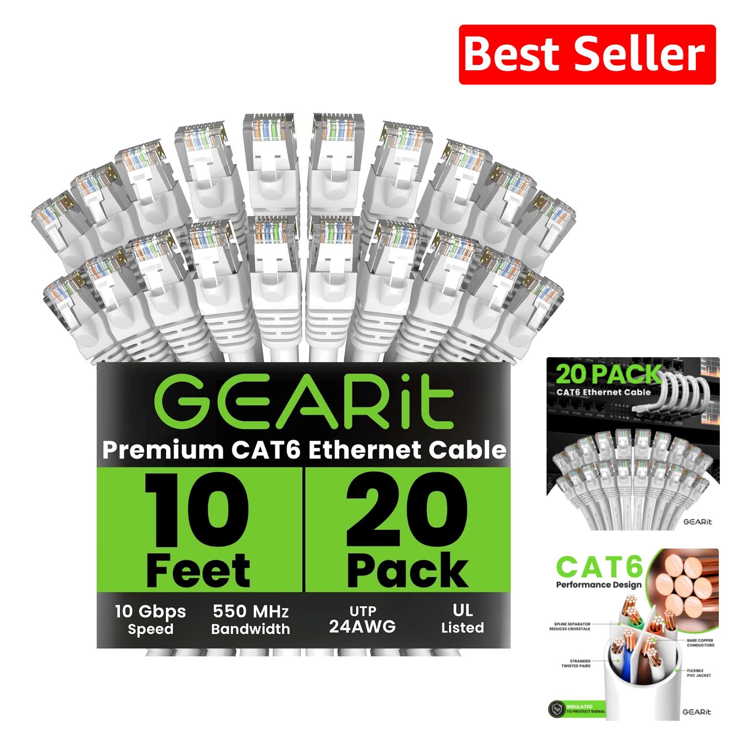 20-Pack 10ft Cat 6 Ethernet Cables with Gold-Plated RJ45 Connectors-image