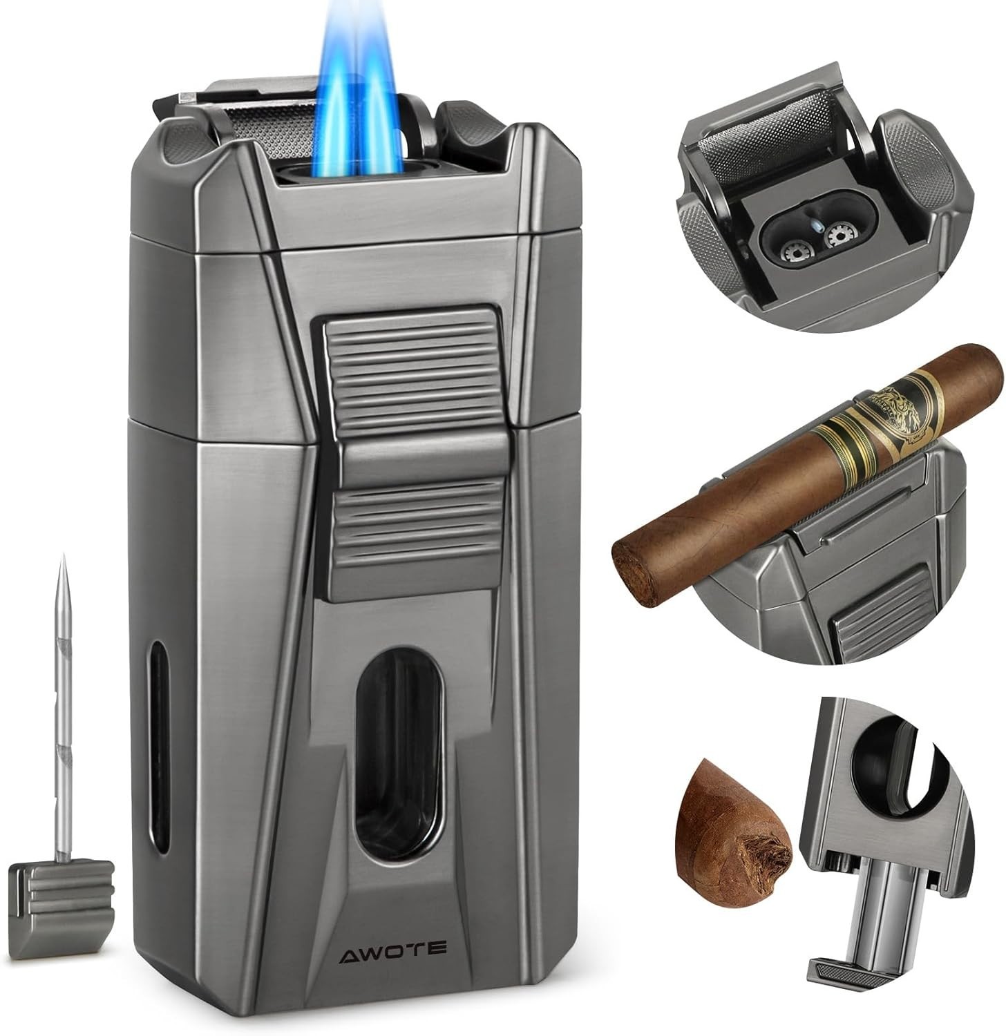With Cigar Cutter V Cut, Cigar Punch, Double Jet Flame Cigar Li...
