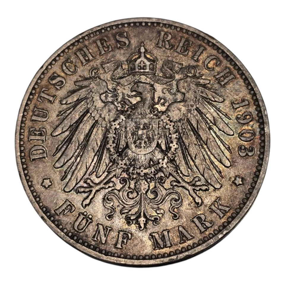 Amazing 1903 E 5 Mark German States Silver Coin Saxony Albertine Xf+ Toned  - Image 2 of 2