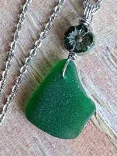 Rare Green Sea Glass  Flower Necklace Surf Hawaii Beach Mothers Day Gift