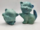 Pair Of VAN BRIGGLE Pottery Ming Blue Turquoise Playful Cat Kitten Figurines