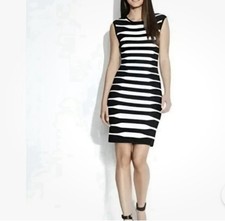 Calvin Klein Womens Medium Black White Striped Bodycon Dress Sleeveless Stretch