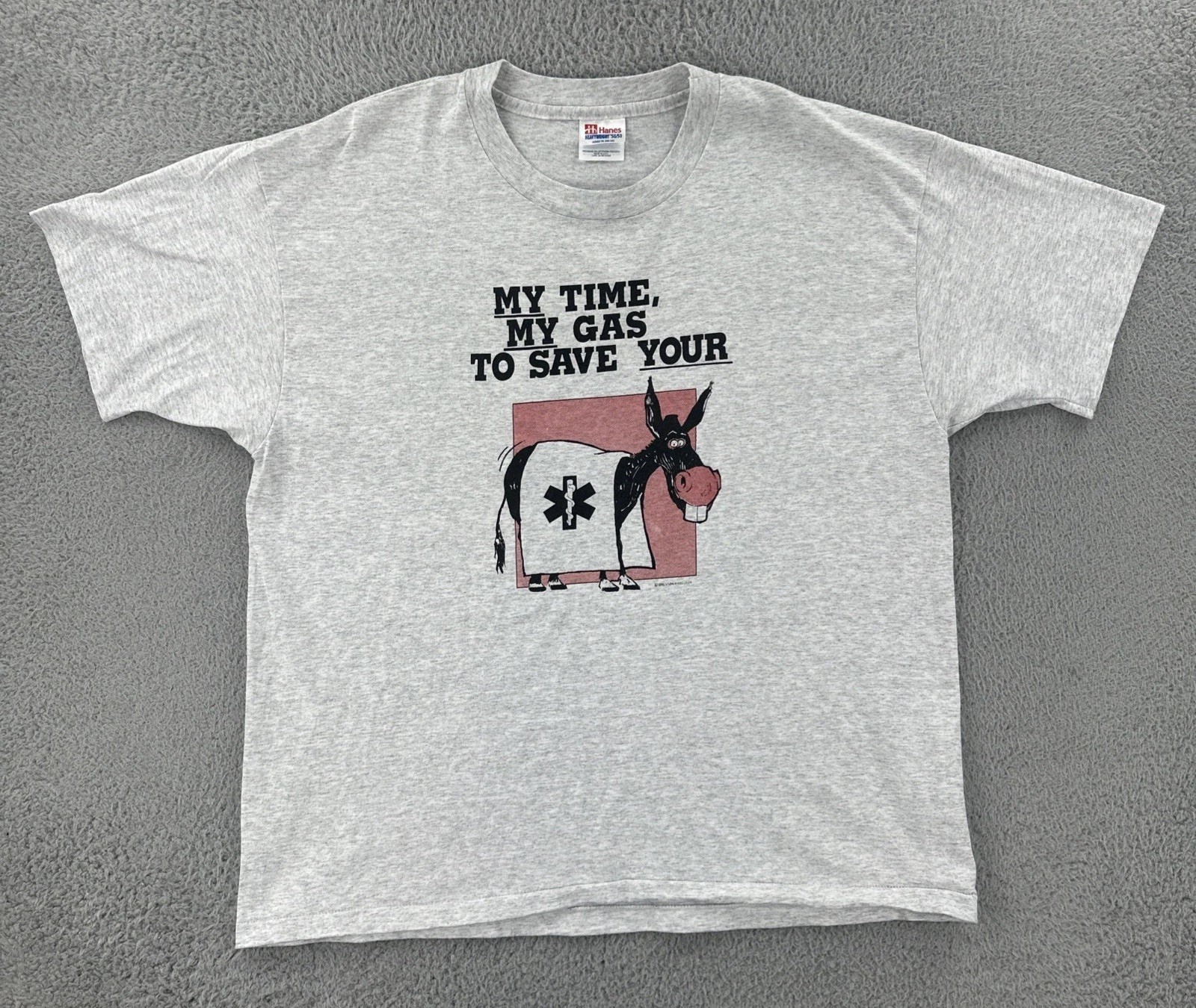 Vintage Hanes Men’s XL Gray T Shirt Made In USA 80s Funny Graphic Print Tee EUC