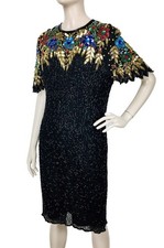 Vintage 80s 100 Silk Beaded Sequined Bright Colored Cocktail Party Dress Carina