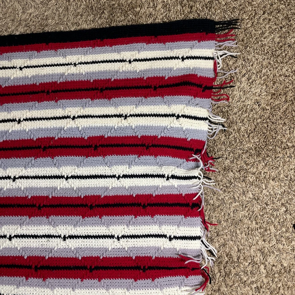Striped Crocheted Throw Afghan Blanket Red Gray White Black Home Decor - Image 4 of 4