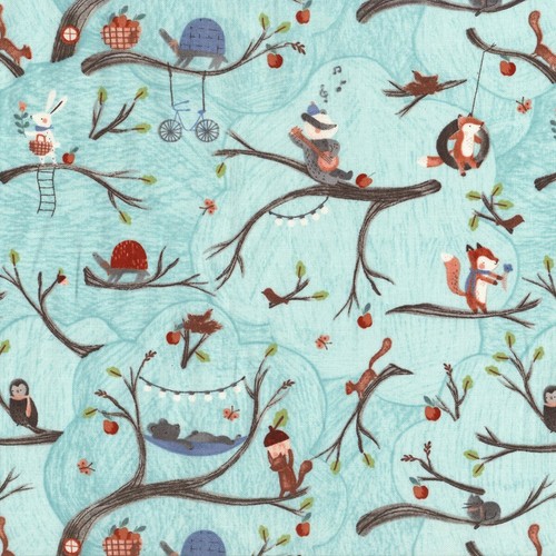 1/2 Yard Tree House Chill Time Turtle Fox Rabbit Animal Nursery Quilting Fabric - Picture 3 of 14