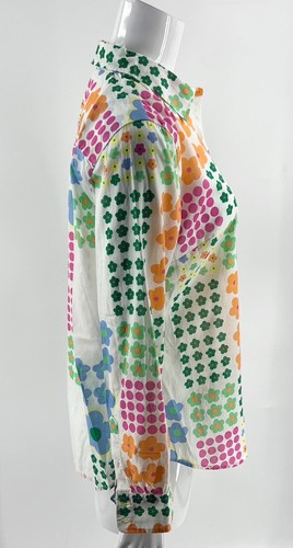 Talbots Tops Sz M Colorful Floral Graphic Dots White Pink Orange Button Up Shirt - Picture 3 of 6