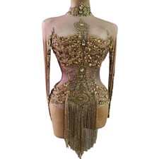 Women Gold Crystals Fringes Bodysuit Rhinestones Performance Costume Stage Wear