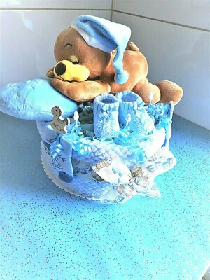 BABY-TRAUMLAND ♥ Schlafbärchen mit Kissen u. Mütze ♥ Pampers Windelgeschenk Geburt Junge