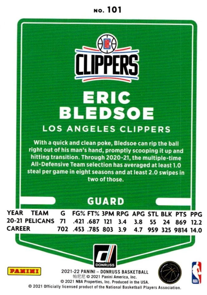 2021-22 Donruss Eric Bledsoe Los Angeles Clippers #101 - Image 2 of 2