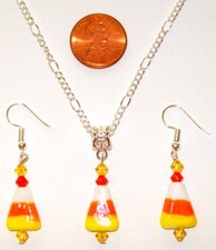 HALLOWEEN/AUTUMN/FALL NECKLACE/ EARRING SET-CANDY CORN-SILVER 20"HANDCRAFTED 784