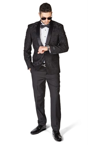 Slim Fit 1 Button Black Shawl Collar Floral Jacket Tuxedo Black Pants 1714 AZAR - Picture 4 of 6