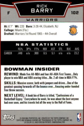 2008-09 Bowman Chrome Golden State Warriors Basketball Card #102 Rick Barry - Picture 2 of 2