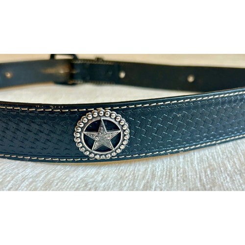 Larry Mahan Western Belt Star Conchos Genuine Leather Black Size 44 - Picture 11 of 14