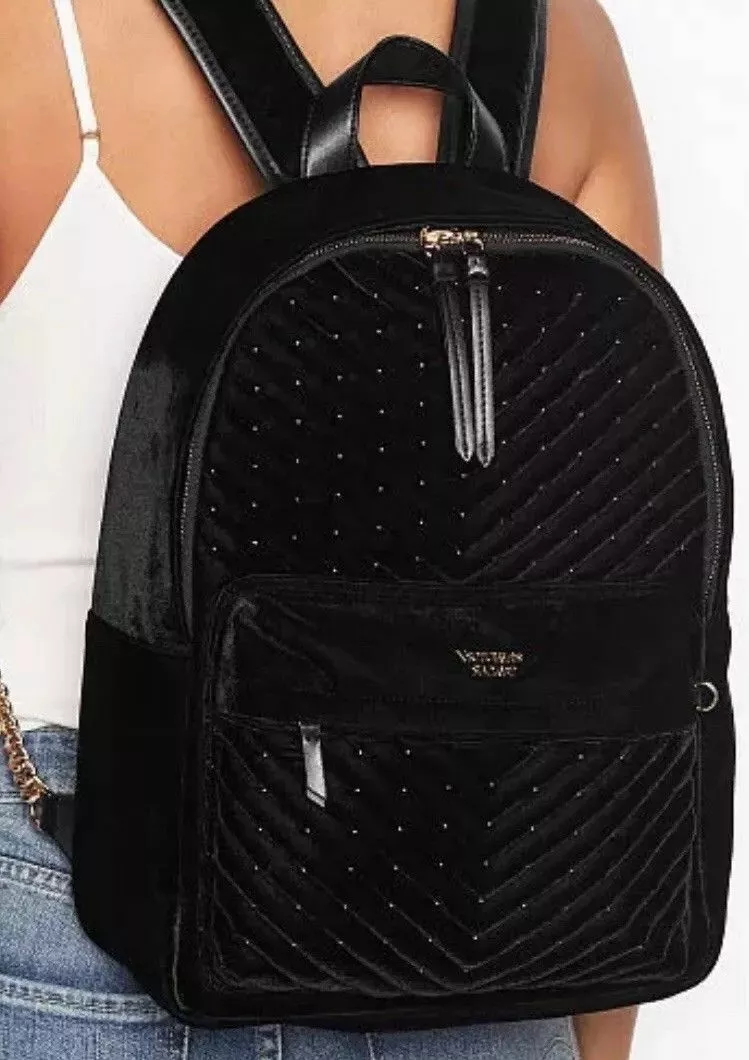 NEW Victoria’s Secret Backpack Black Velvet Stud City Backpack Bag RARE  Gift NWT