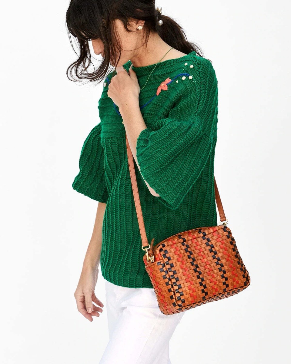 Clare V. Marisol Woven Crossbody Bag Navy Red Tan Woven Check | eBay