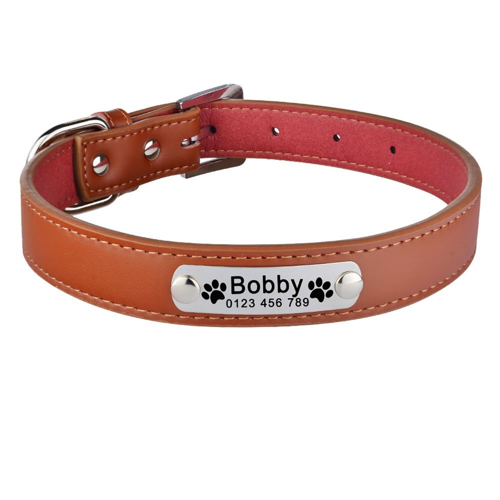 Leather Personalised Dog Collar Engraved ID Tag Name Plate Pet Cat Puppy Collars eBay