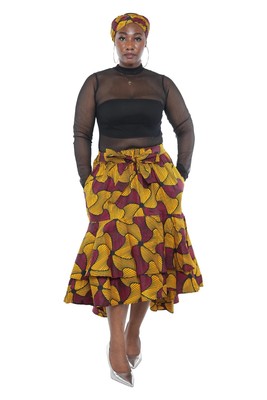 African Ankara Print Midi  Calf Skirt with Headwrap *One Size *Gold &Red