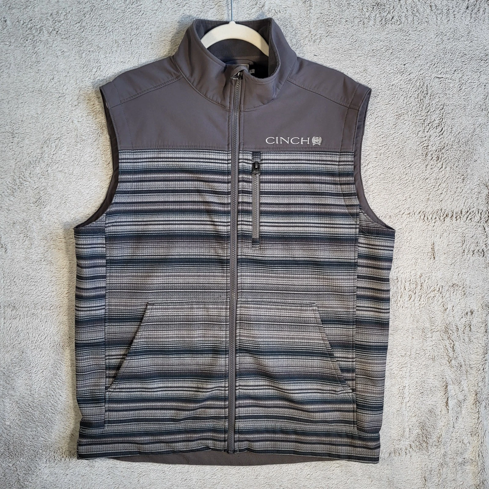 Cinch Bonded Vest Mens L Gray Striped Full Zip Outdoor Western Midweight