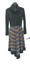 Vintage Cowl Neck Dipped Fringed Hem Black Stretch Top Striped Skirt Dress Sz 12