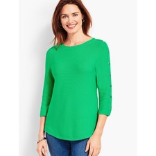 Talbots Sz XL Green Top Links Button Detailed Pullover Blouse Stretch Sweater