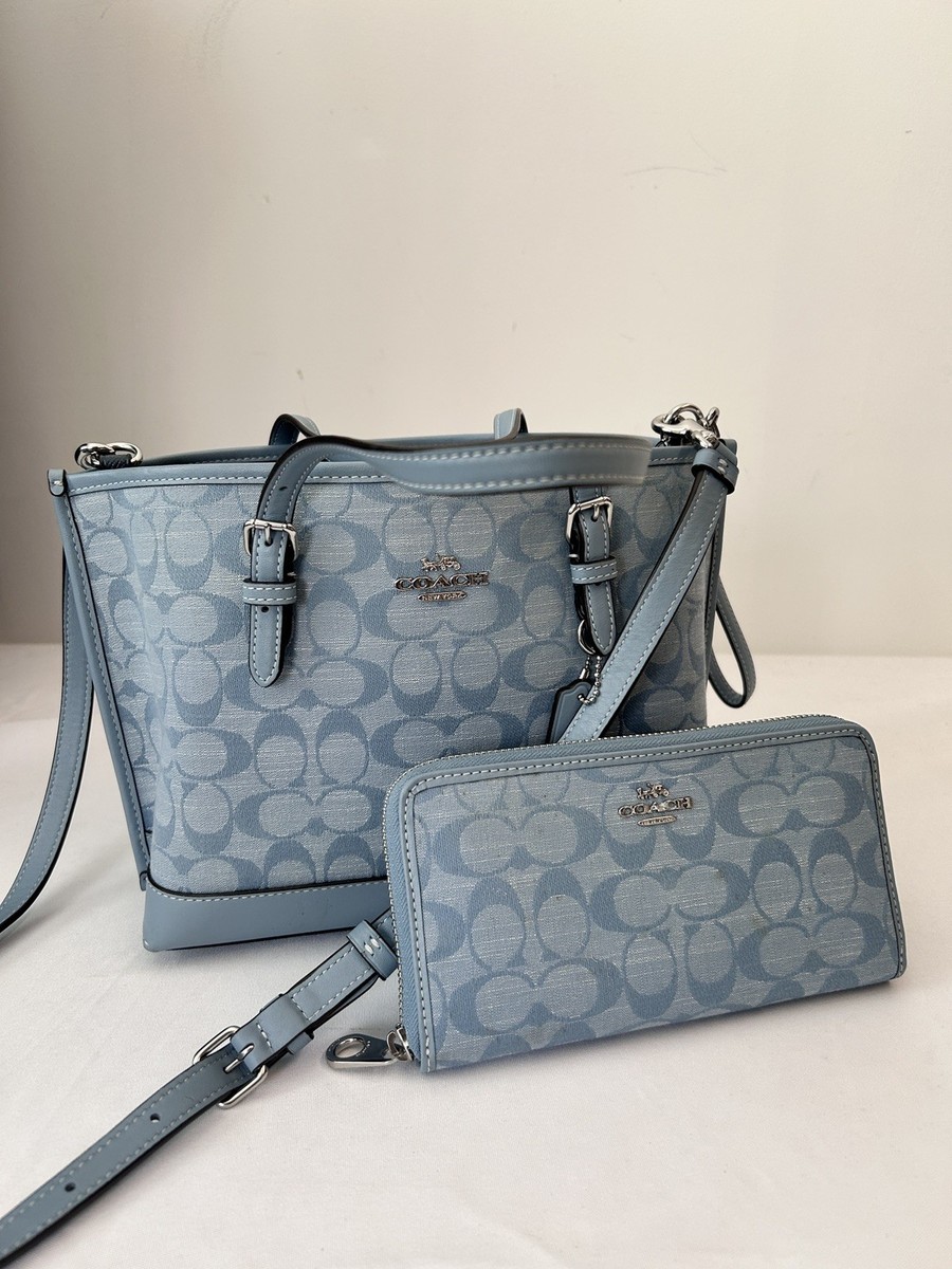 COACH MOLLIE TOTE BAG 25 & wallet Denim Chambray Silver Blue