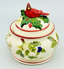 Portmeirion Holly Cardinal Ceramic Lidded Dish Handpainted Christmas 5.5 inch