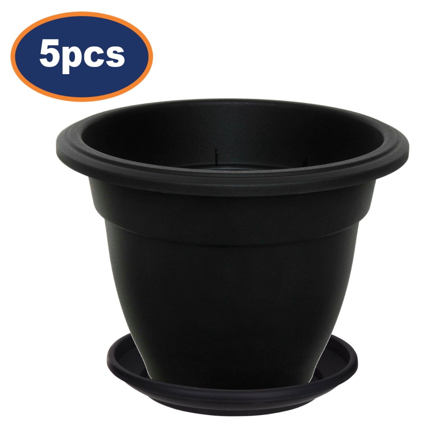 5-Set 30cm Plastic Bell Planter Round Flower Plant Pot Black & Drip Saucer Trau