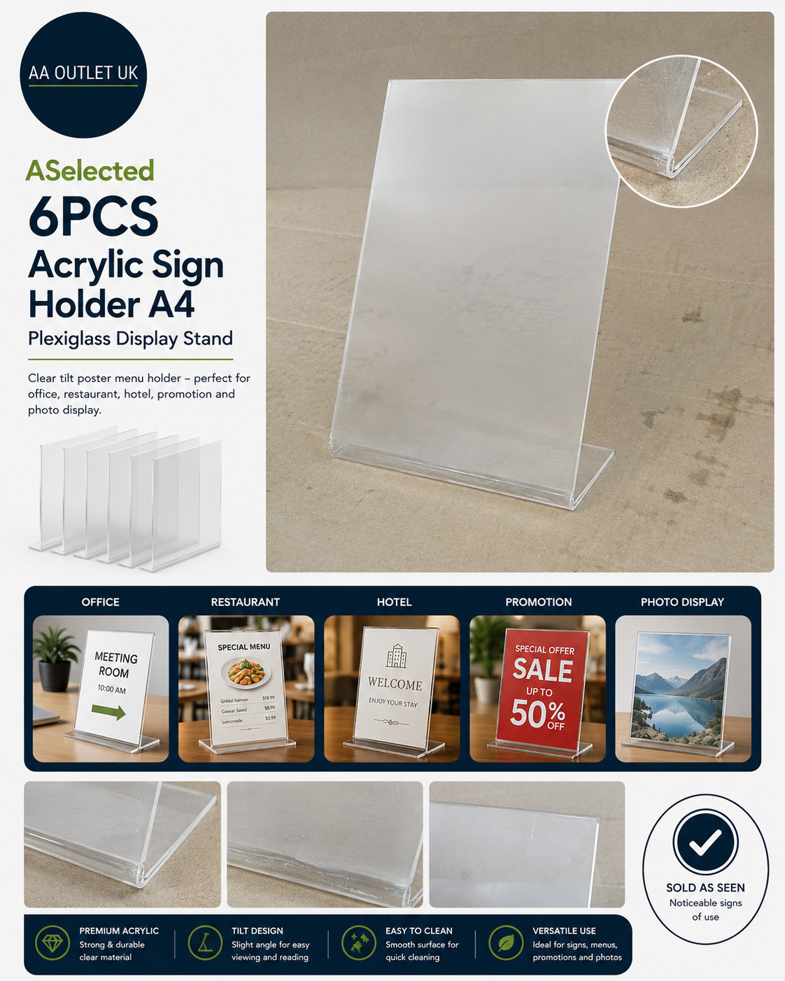 ASelected 6PCS Acrylic Sign Holder A4 Plexiglass Display Stand Clear Tilt Poster