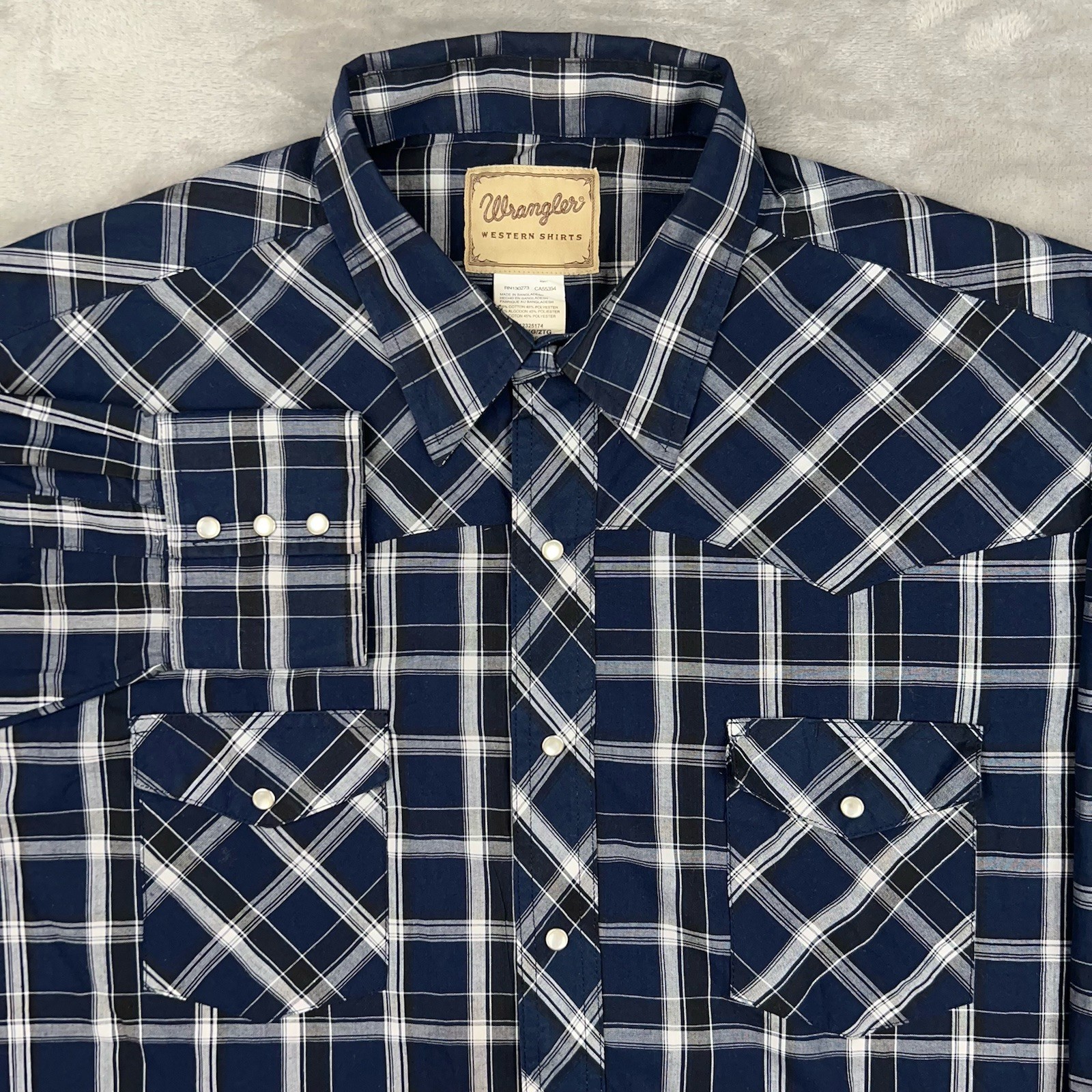 WRANGLER Pearl Snap Western Shirt Men's 2XL Long Sleeve Blue Plaid Cowboy Rodeo