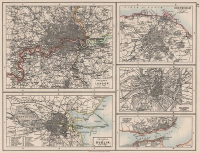 EUROPÄISCHE STÄDTE. London Edinburgh Madrid Lissabon Dublin. JOHNSTON 1900 alte Karte
