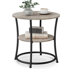 Side Table, 2-Tier Round End Table, Nightstand with Steel Frame for Small Spa...