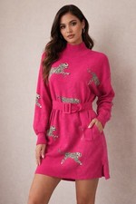 ENTRO Pink Sweater Dress W/leopards. Size Large