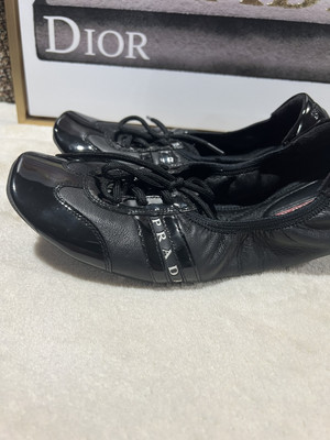 Prada Sports Lase up Scrunch Black Leather Patent Ballet Flats