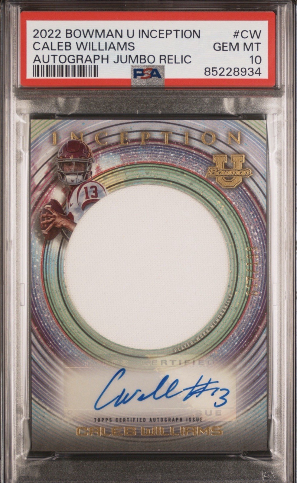 Topps 2022-23 Bowman U Inception Caleb Williams RC Auto Jumbo Relic /199 PSA 10 view 1