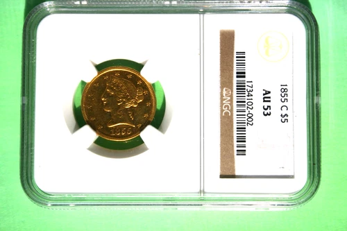 An 1855c $5 Liberty Half Eagle Gold Coin. Charlotte Mint. NGC Certfied AU53