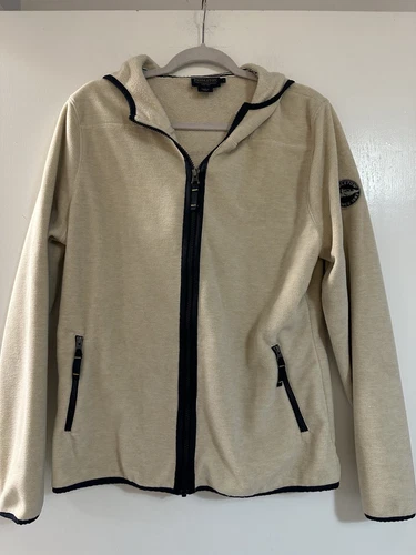 OFF WHITE Pendleton Felpa con cappuccio e zip in pile panna con bordo a tubino blu navy taglia L