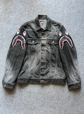 A Bathing Ape (BAPE) Shark Embroidery Denim Jacket Wit A Distressed Finish LARGE