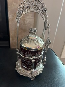 Victorian Cranberry Glass Pickle Jar with lid and tongs