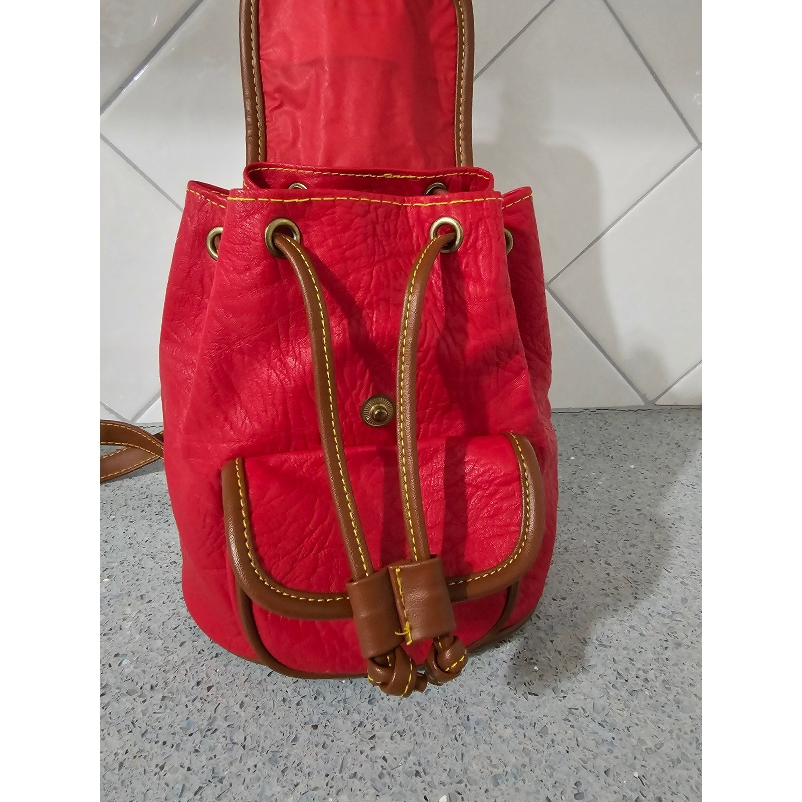 Vintage Mini red Backpack Purse Pull String butto… - image 5