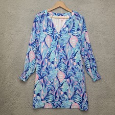 Lilly Pulitzer Brynle Dress Twilight Blue Scale Up Buttons Gold Smocked XS READ!